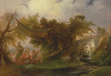 Indische Landschaft mit Figuren an einem Bach